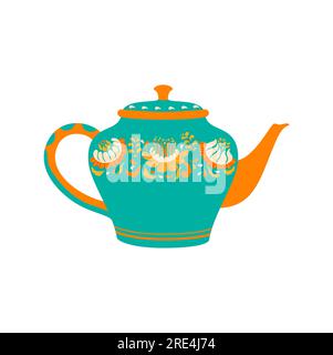 Cartoon pottery kettle with tea or coffee, vector ceramic teapot. Porcelain kettle, coffeepot with cap and handle, kitchenware utensil, chinese retro pottery Stock Vector