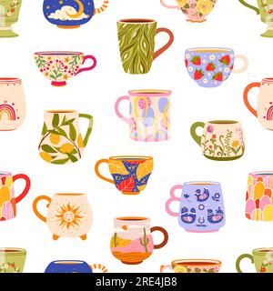 Ceramic tea cups and coffee mugs seamless pattern. Vector background of scandinavian kitchen crockery with ceramic and porcelain teacups. Color pottery cups and mugs with flowers, fruits, sun and moon Stock Vector