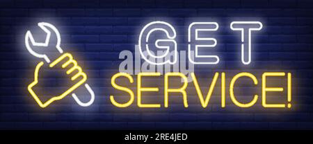 Get service neon text with hand holding wrench Stock Vector