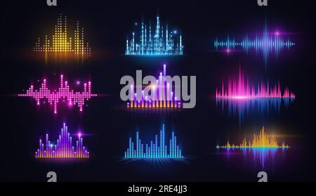 Music equalizer neon sound waves, audio digital technology vector design. Sound frequency spectrum abstract music wave patterns with blue, purple and yellow glowing light graphs Stock Vector