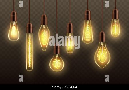 Light bulbs hanging on cords realistic vector design of glowing lamps or ceiling pendants. Incandescent light bulbs and globes with yellow filaments and contact wires on transparent background Stock Vector