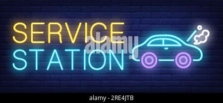 Service station neon text and car with smoking engine Stock Vector