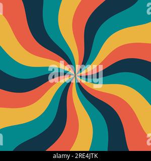 70s retro wavy background. Vintage colorful sunburst backdrop. Geometric starburst summer pattern. Sun rays swirl radial lines. Psychedelic vector Stock Vector