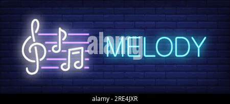 Melody neon sign. Music staff notes Stock Vector