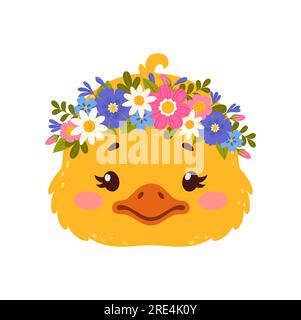 Cartoon face of duck character with cute flower crown on head. Vector chicken wearing floral wreath, yellow bird with floral decoration Stock Vector