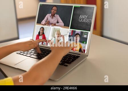 Mid section of female teacher having a video call with male student on ...