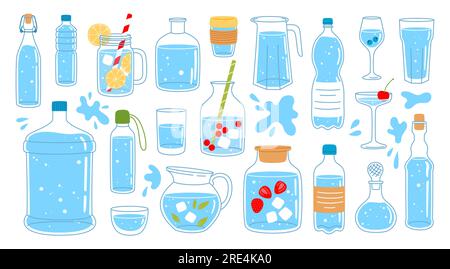 Glass, plastic water bottle, jug, cup and containers set, vector drink beverages icons. Glass cup of soda, beer and wine, flat line juice pitcher, whiskey carafe, ice tea mug and mineral water bottle Stock Vector