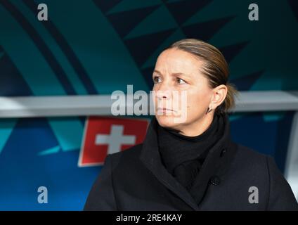 Hamilton, New Zealand. 25th July, 2023. Head coach of Switzerland Inka Grings reacts during the Group A match between Switzerland and Norway at the 2023 FIFA Women's World Cup in Hamilton, New Zealand, July 25, 2023. Credit: Guo Lei/Xinhua/Alamy Live News Stock Photo