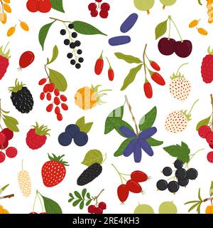 Organic ripe berries seamless pattern, strawberry, raspberry and blueberry fruits, vector background. Cherry, blackberry and bird cherry with gooseberry, cranberry, blackcurrant and redcurrant pattern Stock Vector