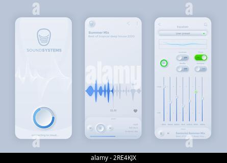 Neomorphic interface for vector music player mobile application. UI recorder app play, pause, remote buttons, equalizer sound wave, music audio frequency waveform. Digital player studio graphs panel Stock Vector