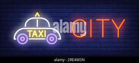 City neon text with taxi cab Stock Vector