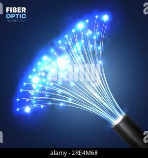 Fiber optic communication technology. Realistic vector cable with glowing bright blue light bundle of optic fibers. Telecommunication, data and Internet data transfer future tech background Stock Vector