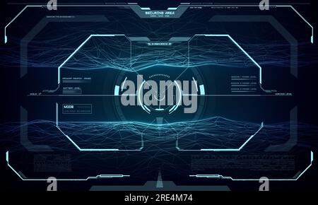 HUD futuristic screen interface, target aim control. Vector ski-fi monitor, UI frame, military optical aiming, spaceship crosshair. Gun focus indication, low poly scanning mode of collimator sight Stock Vector