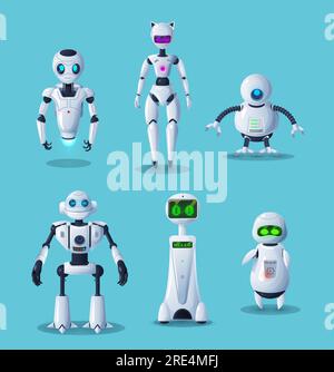 Modern robot cartoon characters with vector ai machines or artificial intelligence toys. Future technology white robots, cyborgs, androids or humanoid droids with buttons, dialogue screen, eye lights Stock Vector