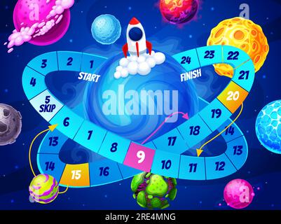 Kids board maze game, space planets and rocket in galaxy. Vector boardgame with spaceship take off from Earth. Step riddle with path, children discovery task with numbers, start, skip and finish Stock Vector