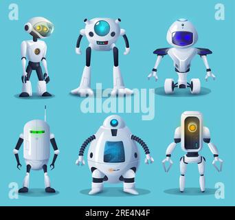 Robot and android bot vector characters of artificial intelligence technologies. Cartoon white cyborgs and droids with robotic arms, manipulators, legs and wheels, modern robot helpers design Stock Vector
