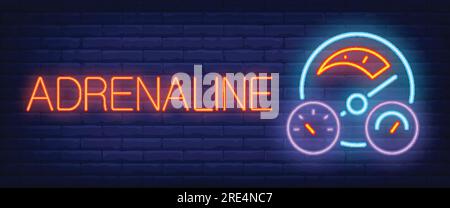 Adrenaline neon sign. Car dashboard on brick background Stock Vector