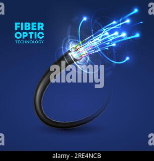 Fiber optic cable technology vector design of internet, network, speed data connection and telecommunication. Multi fiber wire with cores in color jackets and blue neon lines, communication networking Stock Vector