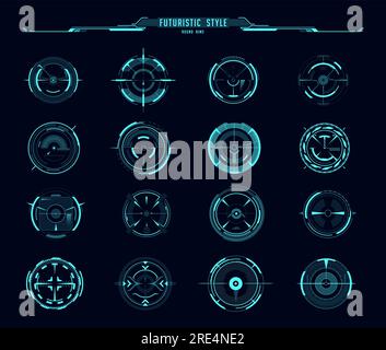 HUD aim control target round frames, ui interface. Futuristic style vector sci fi crosshairs, military optical aiming, neon glowing gui elements, digital radars. Collimator sights, gun focus range set Stock Vector