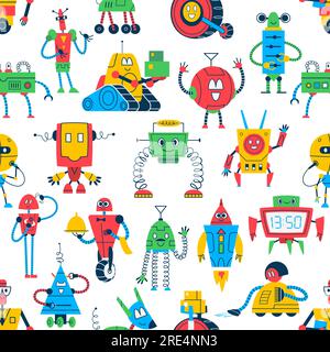 Cartoon robots seamless pattern with vector kids toys of space machines, android monsters and cyborgs. Cute bots background with funny robot rocket, assistant, maid, waiter and delivery machines Stock Vector