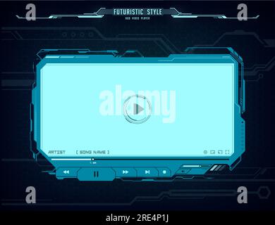 HUD video player futuristic screen interface. Vector neon glowing Ui, ux hi-tech skin web design for online movie multimedia content. Digital ski-fi template with play button, menu bar and slider Stock Vector