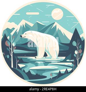 Arctic landscape with polar bear in the wild over white Stock Vector