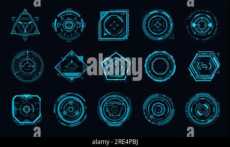 HUD aim control target panel and compass frame. Future military plane or Sci Fi spaceship pilot dashboard display, crosshair target aim or altimeter, VR game UI vector panel or blue neon display Stock Vector