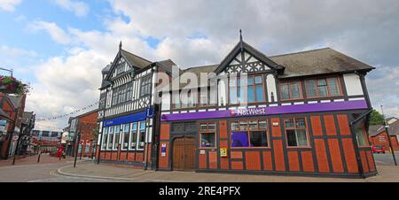Panorama of NatWest Bank, timber framed building in the The Bull Ring, Northwich, Cheshire, England, UK, CW9 5BN Stock Photo