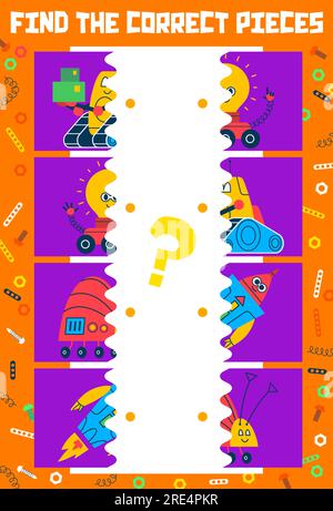 Find the correct pieces of cartoon robots and droids characters, kids game quiz. Vector puzzle worksheet, match the halves of cute robotic toys, robot spaceman, android assistant and droid snail Stock Vector