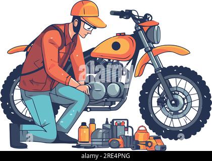 man repairing his motorcycle over white Stock Vector