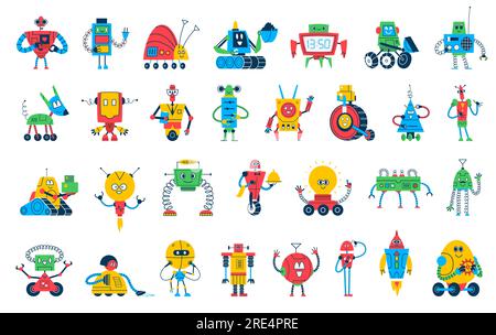 Cartoon robot toys, vector characters of cute bots. Future technologies, science or space game retro robots, android machines, droids and cyborgs. Artificial intelligence kids toys with happy faces Stock Vector