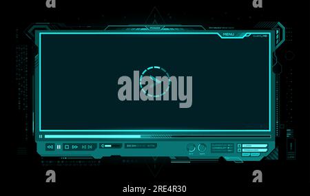 HUD video player screen interface. Futuristic ui of vector digital video player, hologram overlay screen with neon glowing frame border, play symbol, media control buttons and progress bar with slider Stock Vector