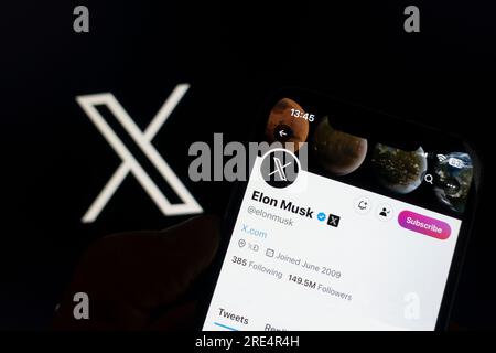Edinburgh, Scotland, UK. 25 July 2023. A photo illustration showing Elon Musks X page which has been rebranded X by owner Elon Musk. Iain Masterton/Alamy Live News Stock Photo