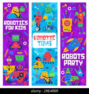 Cartoon robots and droids kids toys vector banners. Cute vintage robotic machine characters, robot spaceman, assistant, waiter and maid, humanoid cyborg, android dog and droid snail personages Stock Vector