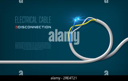 Electric cable rupture. Power supply and electricity generation industry 3d vector background. Short circuit, power line damage or overload concept or banner with broken electric cable wire, sparkles Stock Vector