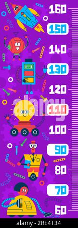 Kids height chart ruler, cartoon robot and droid characters growth measure scale. Children stadiometer vector sticker with robotic toy personages, space machine, humanoid cyborg, android assistant Stock Vector