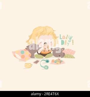 Cute Girl eating a slice of pizza with Cats. Lazy Day Stock Vector