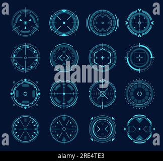 HUD aim target, military crosshair, sniper scope of futuristic game ui. Vector circles with digital focus range indicators for optical sight of modern gun or weapon, hightech technology aiming system Stock Vector