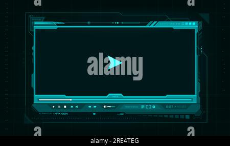 HUD video player futuristic screen interface, game ui, web and mobile app. Vector digital media player with future technology hologram screen, neon blue frame, play button, progress bar and sliders Stock Vector