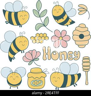 Hand drawn cute bee set. Honeycomb, insect, honey, flower, herbs clip art. Funny baby characters, isolated vector illustration Stock Vector