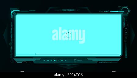 Futuristic HUD video player screen interface. Vector ui of digital media player skin, hologram screen with hi tech frame borders, neon buttons of control panel, progress bar, multimedia technologies Stock Vector
