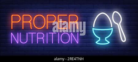 Proper nutrition neon sign. Egg in cup and spoon Stock Vector