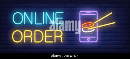 Online order neon sign. Smartphone with sushi on screen Stock Vector