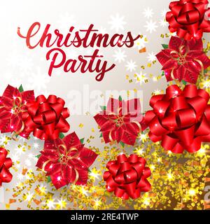 Christmas Party lettering with ribbon bows and confetti Stock Vector