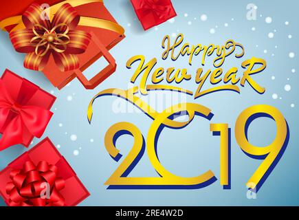 Happy New Year flyer design. Red gift boxes and shopping bag Stock Vector