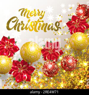 Merry Christmas lettering with confetti and poinsettia flower Stock Vector