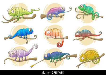 Chameleon lizard icons of reptile animals vector design. Colorful chameleons sitting on branches of exotic tropical forest or jungle tree with long tails, tongues and bright camouflage patterns Stock Vector