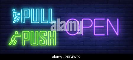 Open pull and push neon sign Stock Vector
