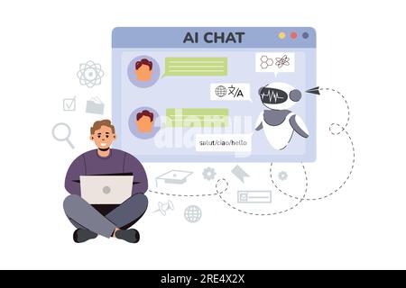 Artificial intelligence concept. Flat man using Ai technology for help with tasks and answer questions. Online communication with chat bot. Character chatting with chatbot. Digital assistant in laptop Stock Vector