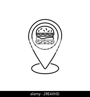 Restaurant location pin line icon. Food point linear style sign for mobile concept and web design. Map marker with fast food outline vector icon. Stock Vector